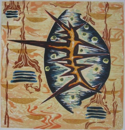 Gregory Amenoff woodcut: Gregory Amenoff (American 1948-)- ''Espina''- woodcut in colors, 1989, signed, dated, titled and numbered 1/25 in pencil, very good condition. 52 x 48''