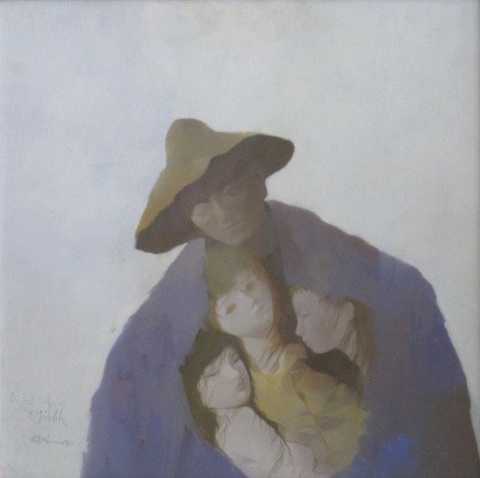 Otto Bachmann oil: Otto Bachmann (Swiss 1915-1996)- Man Protecting Three Maidens- oil on board, 1960, signed Otto Bachmann 1960- lower left, very good condition. 19 x 19''