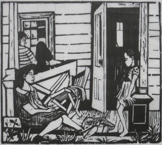Will Barnet linocut: Will Barnet (American 1911-)- ''Waiting'' (Cole 50)- linocut, 1937, signed, titled and numbered 49/60, handling creases throughout, staining in right margin, does not go into image. 10 x 11 1/4''