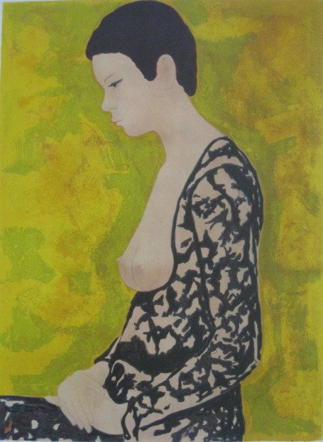 Alain Bonnefoit lithograph: Alain Bonnefoit (French 1939-)- ''Black Negligee''- lithograph in colors, signed and numbered 250/250 in pencil. 23 5/8 x 17 1/4''