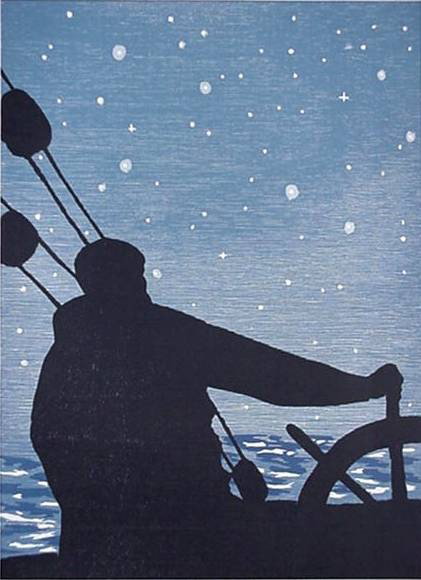 Richard Bosman woodblock: Richard Bosman (American 1944-)- ''Navigator''- woodblock in two colors, 1995, signed in pencil, edition of 250, the Print Club of Cleveland publication no. 73, very good condition. 24 x 17 1/2''