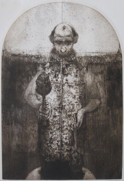 Harvey Breverman etching: Harvey Breverman (American 1934-)- ''The Manipulator''- etching, 1965, signed, dated, titled and numbered 3/20 in pencil, tear in top margin goes 1/8'' into image. 25 3/4 x 17 1/4''