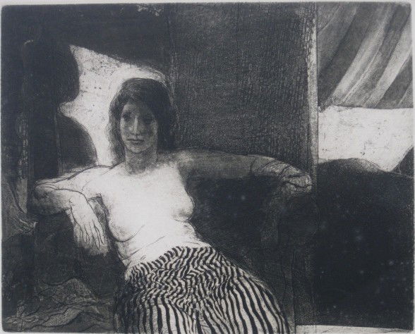 David Bumbeck etching: David Bumbeck (American 1940-)- ''The Striped Skirt''- etching, signed and numbered, minor soiling. 11 1/2 x 14 1/2''