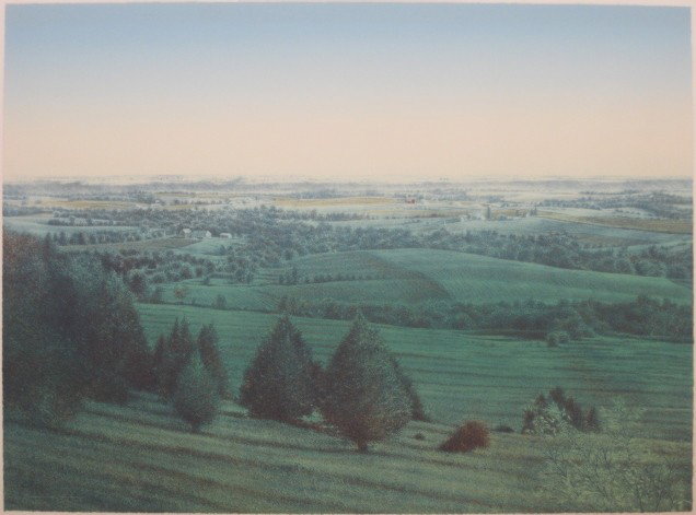 James Butler lithograph: James D. Butler (American 1945- )- ''Midsummer Landscape''- lithograph in colors, 1989, signed, titled, dated and numbered in pencil, edition of 100, very good condition. 28 x 36''