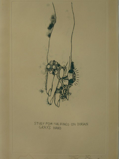Jim Dine etching: Jim Dine (American 1935-)- ''Study For The Rings on Dorian Gray's Hand'' (Dine 47H)- etching, 1968, signed in pencil, water stain in bottom margin. 15 3/8 x 9 3/8''