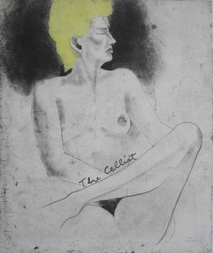Jim Dine etching: Jim Dine (American 1935-)- ''Cellist'' (Williams College 203)- etching with hand painting, 1976, signed, dated and numbered 23/30 in pencil, very good condition. 23 1/2 x 19 3/4''