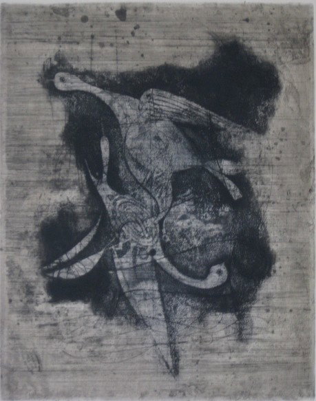 Johnny Friedlaender etching: Jonny Friedlaender (German 1912-1992)- Untitled- etching in colors, signed and annotated 'epreuve d'Artiste XVII/XX' in pencil, mat burn, very slightly light struck. 17 1/2 x 13 7/8''