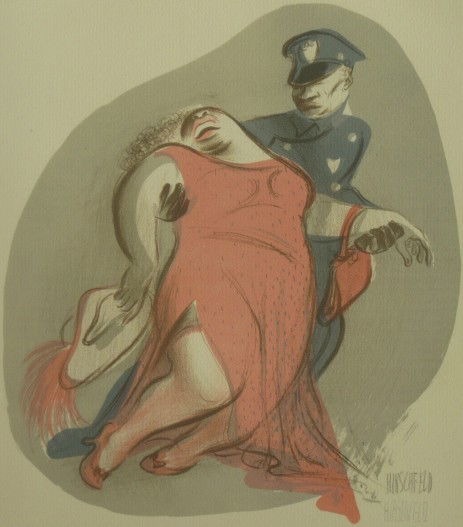 Al Hirschfeld lithograph: Al Hirschfeld (American 1903-2003)- ''Plastered''- lithograph in colors, 1941, signed in pencil, from the book ''Harlem as Seen by Hirschfeld'', very good condition. 9 1/2 x 8''