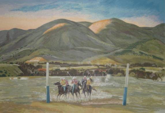 Peter Hurd silkscreen: Peter Hurd (American 1904-1984)- ''A Practice Game''- silkscreen in colors, signed and numbered 211/250 in pencil, soft creases from being rolled, ink surface broken in several areas. 25 3/4 x 37 1/2'