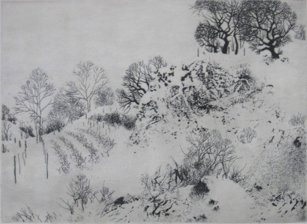 Peter Milton etching: Peter Milton (American 1930-)- ''Winterscape VI''- etching, 1965, signed, dated, titled and numbered 73/250 in pencil, light struck, masking tape in top margin along edge, some age toning to paper. 13