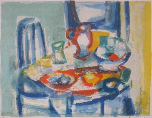 Marcel Mouly lithograph: Marcel Mouly (French 1918-2008)- Chaise Bleue- lithograph in colors, 1955, signed in pencil, good condition. 9 x 12''