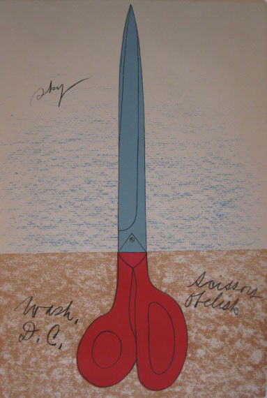 Claes Oldenburg lithograph: Claes Oldenburg (American 1929-)- ''Scissors as Monument'' (Axsom 49)- lithograph in colors, 1967, signed and numbered 83/144 in pencil. 30 x 20'' Provenance: The New Gallery, Cleveland, Ohio, 1969