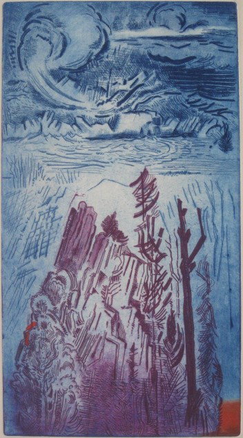 Karl Schrag 3 intaglios: Karl Schrag (American 1912-1995)- ''Lonely Heights''; ''Last Glow in The Woods'' (2)- 1 etching and stencil in colors, 2 etchings and aquatints in two colors, 1955 and 1957, all signed in pencil, 'Lon