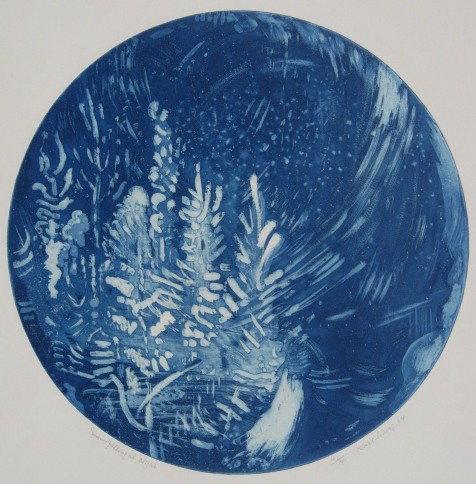 Karl Schrag 3 intaglios: Karl Schrag (American 1912-1995)- ''Evening Hour''; ''Dark Trees At Noon''; ''Snow Falling At Night''- 2 etchings, engravings and aquatints, and 1 aquatint in blue, 1961 (2), and 1964, all signed in p