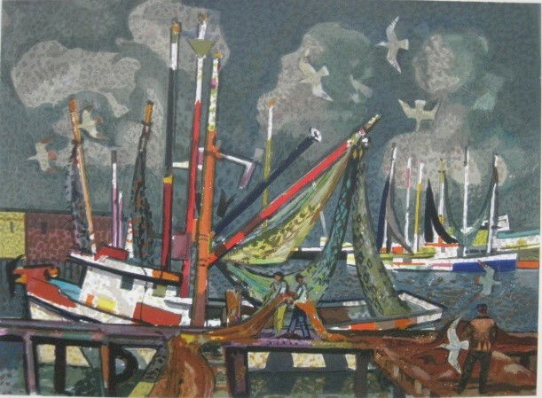 Millard Sheets 2 prints: Millard Sheets (American 1907-1989)- Harbor Scene; ''Going to Market''- 1 lithograph in colors, and 1 silkscreen in colors, both signed in pencil, 'Harbor' numbered 174/250 and 'Market' numbered 190/2