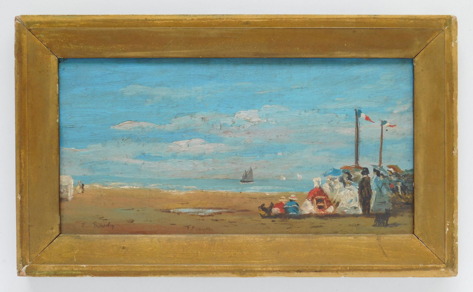 after Eugene Boudin oil: after Eugene Louis Boudin Beach Scene- oil on panel, bears the signature E. Boudin lower left, also signed J. M. Duville lower center, framed. 7 x 13 1/2''