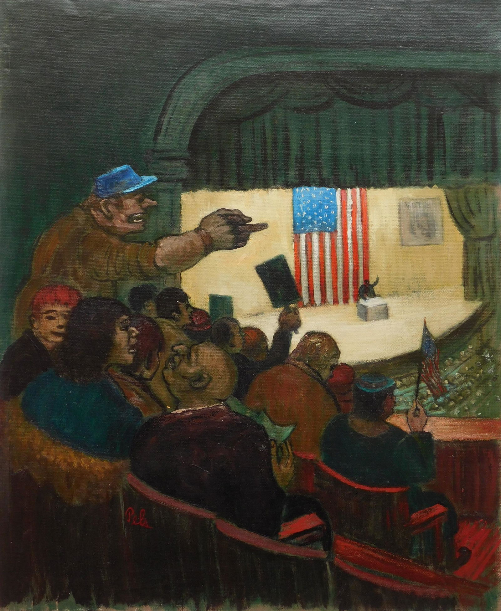 Albert Pels oil: Albert Pels (American 1910-1998) ''Read My Lips No New Taxes- Just Raise the Old Ones''- oil on canvas, signed Pels lower left and titled verso, good condition. 22 x 18'' Provenance: Descended through