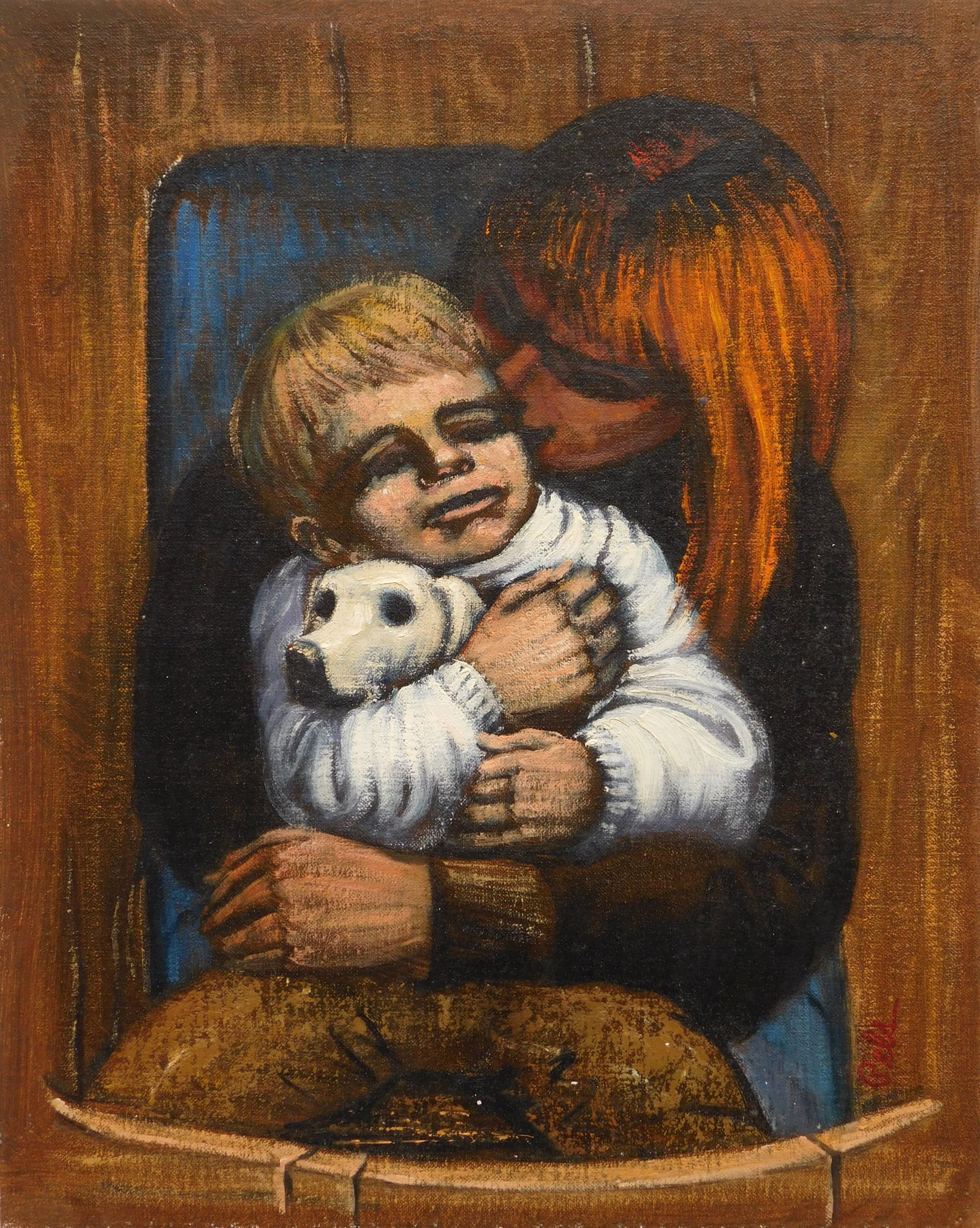 Albert Pels oil: Albert Pels (American 1910-1998) Woman and Young Boy Holding a Dog- oil on canvas, signed Pels lower right, good condition. 20 x 15 3/4'' Provenance: Descended through family Collection of the artist