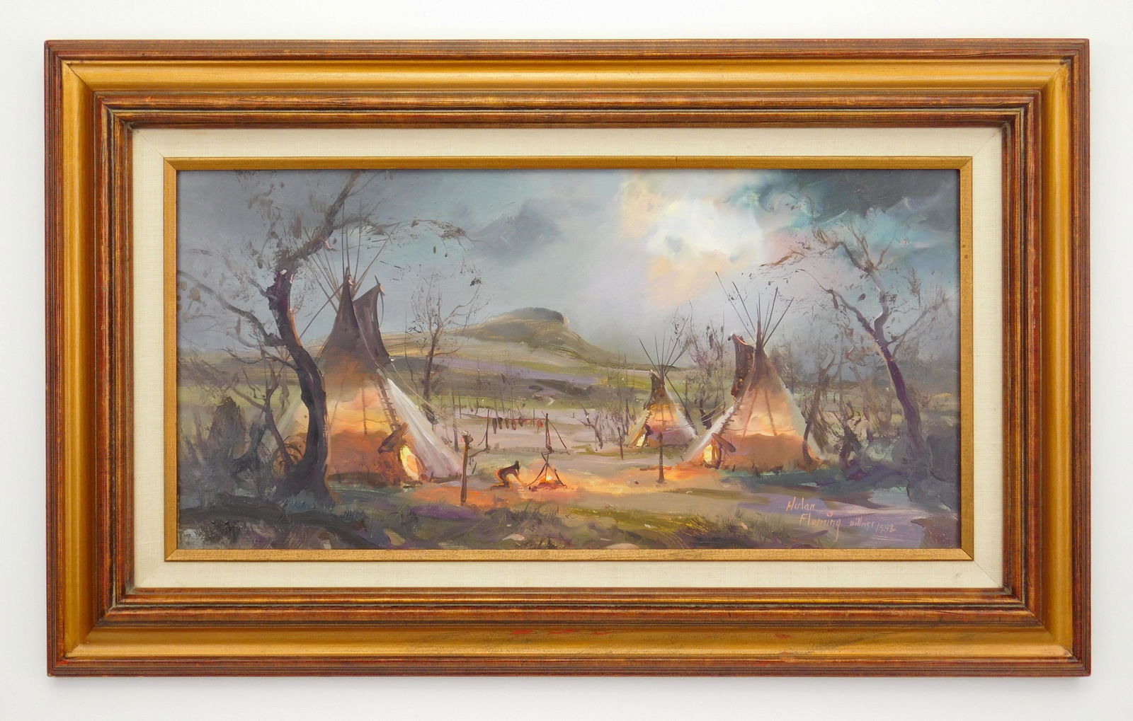 Hulan W. Fleming oil: Hulan W. Fleming (American 1933- ) Indian Encampment- oil on masonite, 1982, signed Hulan/ Fleming Billings 1982 lower right, signed and annotated 'Quick Draw/ Billings 1982 verso, framed. 10 x 20''