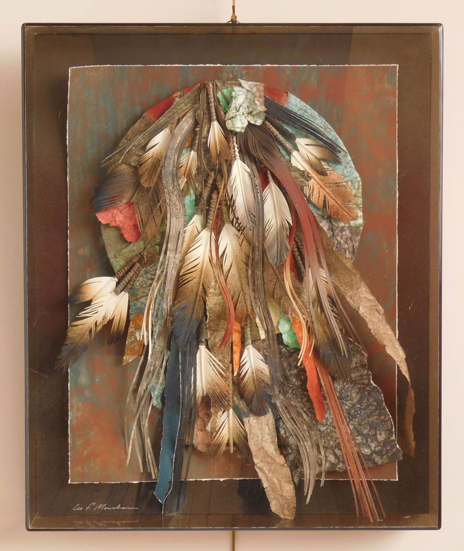 Leo Monahan paper sculpture: Leo Monahan (American 1933- ) ''Dark Shield No. 1''- paper sculpture with air brushed colors, encased in lucite box. 26 x 19''