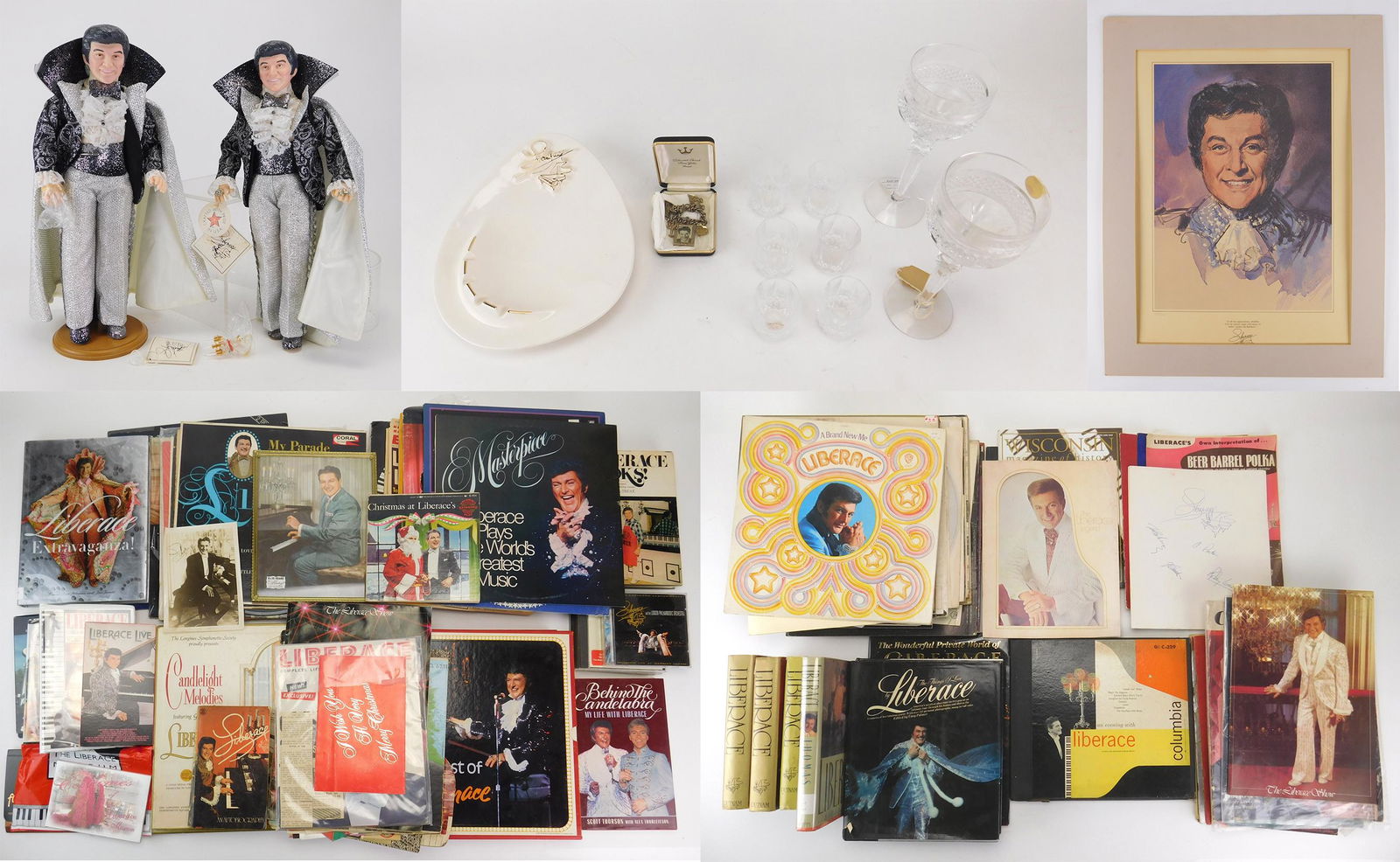 Liberace memorabilia items: Liberace memorabilia including a suit; books; records; magazines; VHS tapes; 2 Effanbee Liberace dolls, 1 of which with original box and hang tag; ashtray; charm bracelet; a pair of wine glasses; 6 sh