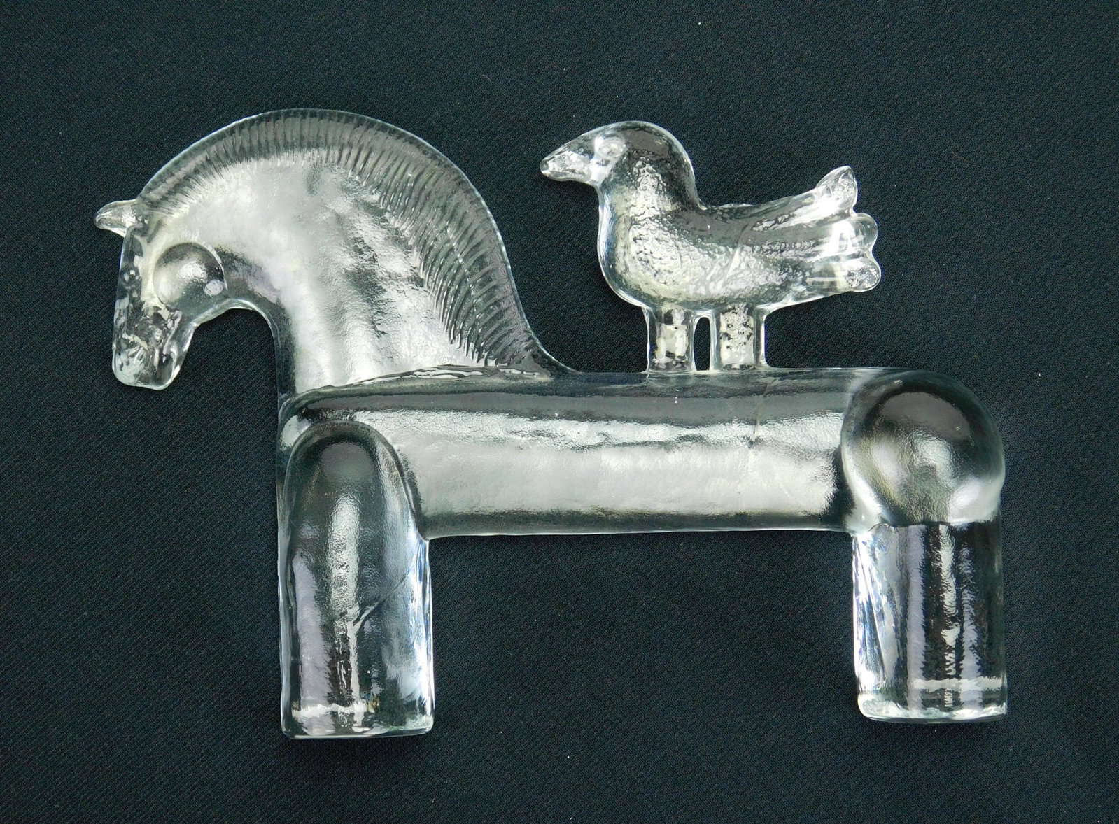 Kosta Boda Glass figurine: Kosta Boda Glass figurine of Horse and Bird, designed by Bertil Valien. 8 x 5 1/2''