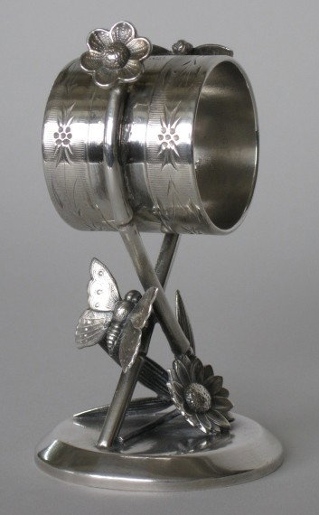 Victorian figural silver plate napkin ring: Victorian figural silver plate napkin ring, Bamboo form, marked 'J. W. Tufts', some scratches and tarnishing from use otherwise very good condition. 4 1/4"h