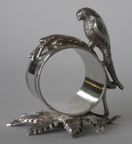 Victorian figural silver plate napkin ring: Victorian figural silver plate napkin ring, Parrott on a Branch, marked' Toronto Co.', some scratches and tarnishing from use otherwise very good condition. 3 1/2"h