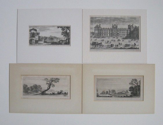 Gabriel Perelle etchings: Gabriel Perelle- Untitled- 4 etchings, ''A Parix chez Pierre Mariette'', ''Le Louvre'' and 2 of landscapes with figures, repaired tear in 'Louvre'', various sizes.