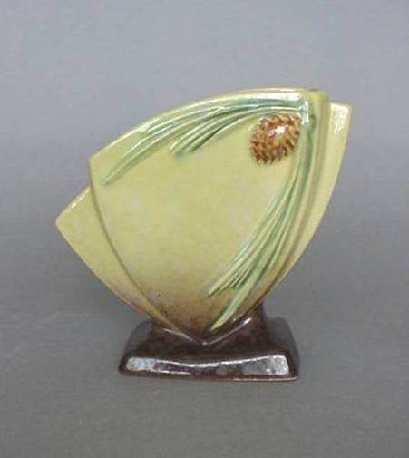 Roseville Pine Cone Moderne vase: Roseville Pine Cone Moderne fan vase, glossy yellow and brown, raised mark. 6''h
