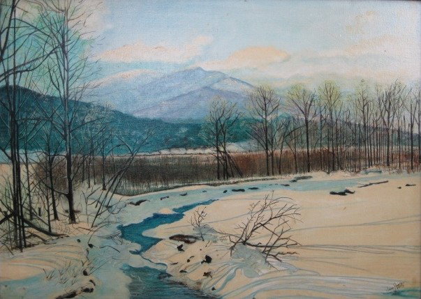 Jane Hanson Harris oil: Jane Hanson Harris- Snow Scene- oil on canvas, 1974, signed and dated lower right, some minor paint loss, varnish discolored. 29 3/4 x 41 1/2''