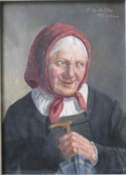 Fritz Muller oil: Fritz Muller (German 1867-1926)- Peasant woman- oil on masonite, signed and inscribed 'Munchen' upper right, very good condition. 9 x 7''
