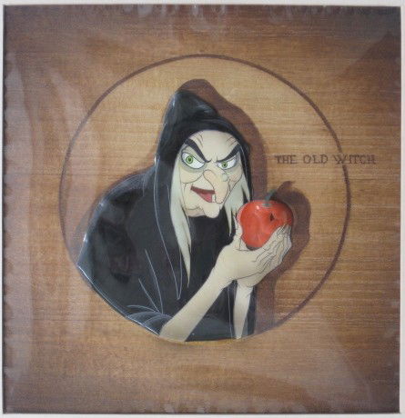 Walt disney cel- snow white: Walt Disney cel from Snow White and The Seven Dwarfs, 1937, cel applied to balsa wood background, some paint separation and chipping. Provenance: Courvoisier Gallery. 7 1/2 x 7 1/4''