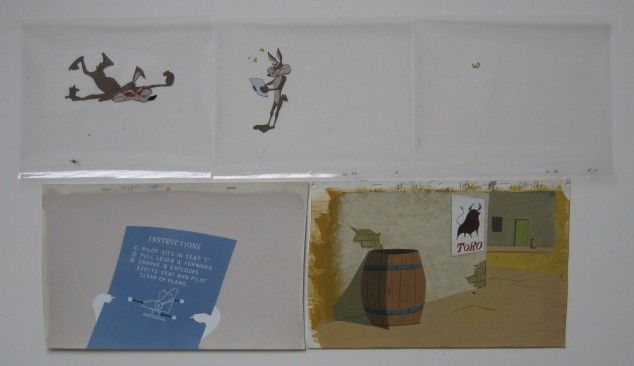 Warner Brothers Studios cels: Warner Brothers Studios- Coyote from the Road Runner- 3 cels and 2 background sheets, cels have paint loss, separation and line wear, various sizes.