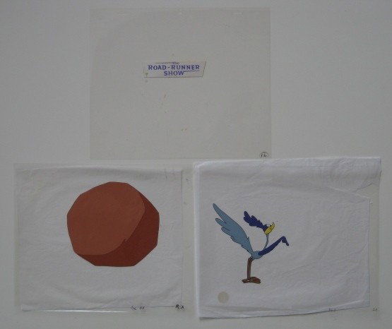 Warner Brothers Studios cels: Warner Brothers Sudios- The Road Runner- 3 cels- 1 of road runner, 1 of a boulder and 1 with the title framed, ca. 1970's, good condition. 10 1/2 x 12 1/2'' ea.