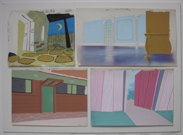 Warner Brothers Studios backgrounds: Warner Brothers Studios- 4 Background- 3 tempera on illustration board and 1 gouache on celleuloid, various sizes.