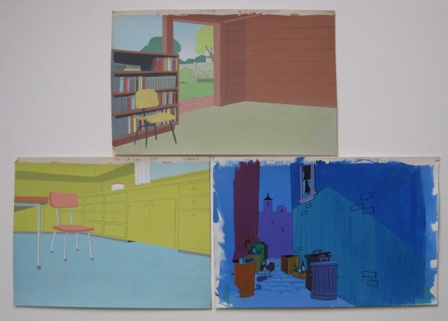 WArner Brothers Studios backgrounds: Warner Brothers Studios- 3 Backgrounds- tempera on illustration boards, very good condition, various sizes.