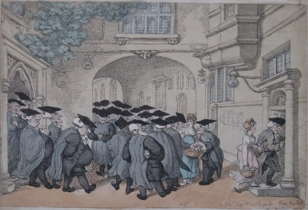 after Thomas Rowlandson etching: after Thomas Rowlandson- ''Bacon Faced Fellows of the Brasen Nose, Broke Loose''- hand-colored etching, published by Thomas Tegg, Whatman paper 1824 watermark. 9 1/4 x 13 1/2''