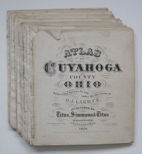 Maps of Cleveland, OH 1874: 45+ Miscellaneous loose maps of Cleveland- of 11th-18th wards, appear to be from ''Atlas of Cuyahoga County, Ohio'', Titus, Simmons and Titus, Philadelphia, 1874, title page present, missing cover, se