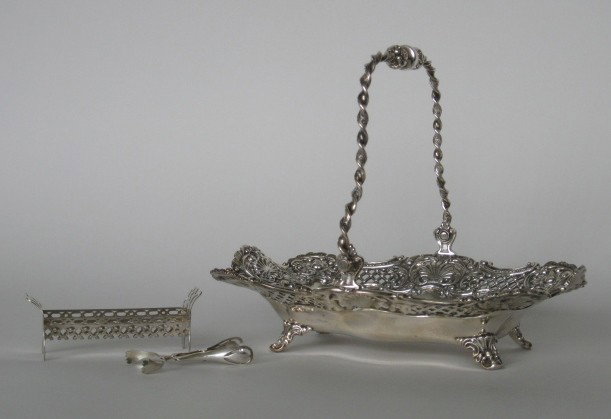 Rogers & Smith silver plate basket: Rogers & Smith Co. silver plate reticulated basket together with Empire silver plate sugar cube tray and tongs, all marked, some wear from use otherwise good condition.