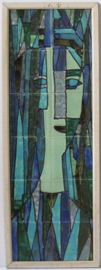 Harris Strong tile: Harris Strong ceramic tile, a 12-tile vertical panel of a cubist head in blues and greens, no. 1201, has paper label. 36 x 11 1/2''