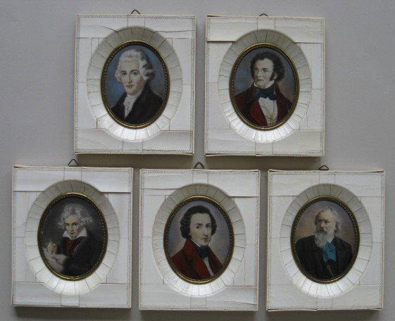 5 miniature paintings on ivory- composers: 5 19thc. miniature paintings on ivory- ''Beethoven''; ''Brahns''; ''Chopin''; ''Hayden'' and ''Schubert''- framed in ivory frames. 3 1/4 x 2 1/2'' ea.
