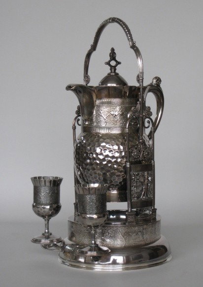 Victorian silver plate water tippler: Victorian Rogers Smith & Co. silver plate water tipppler with a pair of matching goblets marked on bottom, some scratches and tarnishing from use otherwise good condition. 21 1/2''h