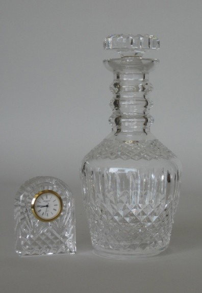 Waterford crystal decanter and small clock: Waterford crystal decanter and small clock, both marked. 9 1/2''h