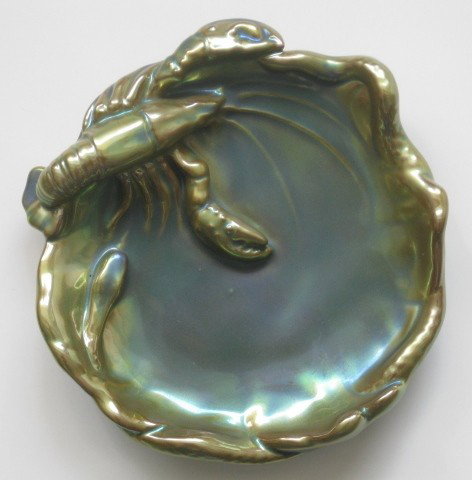 Zsolnay lobster dish: Zsolnay Eosin ceramic lobster and snake dish, marked on bottom, very good condition. 6 1/2'' dia.