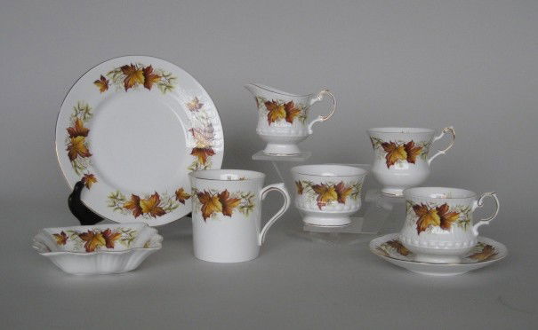 Queen's Rosina China- Maple Leaf pattern: Queen's Rosina china Co. china, 'Maple Leaf' pattern, cosists of 6 coffee cups, 6 tea cups, 6 saucers, 1 square nut dish, 7 desert plates (2 different sizes0, 1 open sugar and 1 creamer, good conditio