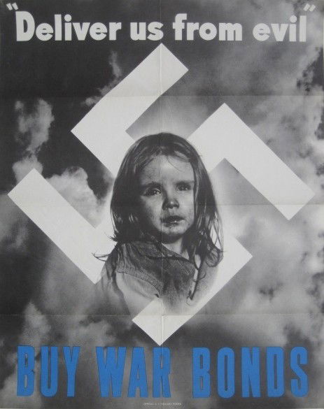 2 World War II posters: 2 World War II posters- ''Deliver us from Evil, Buy Ward Bons'', U. S. Govnt printing 1943, O-599074; and after Ruth Nichols- ''Protect His Future, Buy & Keep War Bonds'', U. S. Govnt printing:1944, O