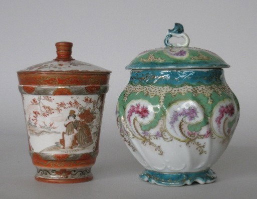 Kutani porcelain covered jar: Kutani porcelain covered jar with 2 vignettes of landscape against a rust ground with gilt accents together with a Nippon (?) porcelian covered jar- floral motif on white with green and turquoise bord