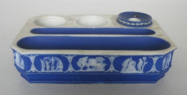 Wedgwood jasperware inkwell tray: Wedgwood blue jasperware inkwell tray with white classical figures on a deep blue ground, marked Wedgwood, good condition. 8 1/4 x 6 x 2''