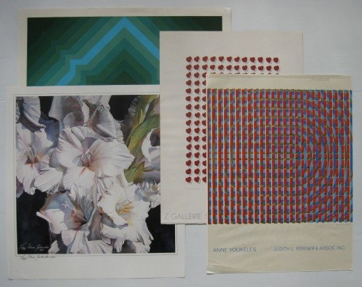 Anne Yonkers poster: Anne Yonkers poster, signed in pencil, along with 3 other contemporary posters- Dahl Graphics ''A Field of Hearts'', 2 Gallerie Santa Monica California, Jim Bird- Abstract, Peggy Flora Zalucha- Flower